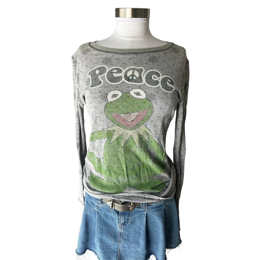 2008 The Muppets Kermit Thermal Top Jr XL (15/17) Grey Peace Graphic Long Sleeve